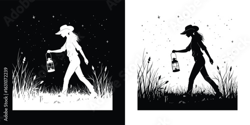 Silhouette of a woman walking with a lantern at night through tall grass, evoking a sense of mystery and adventure, isolated on white background