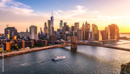 City skyline at sunset over river (2)