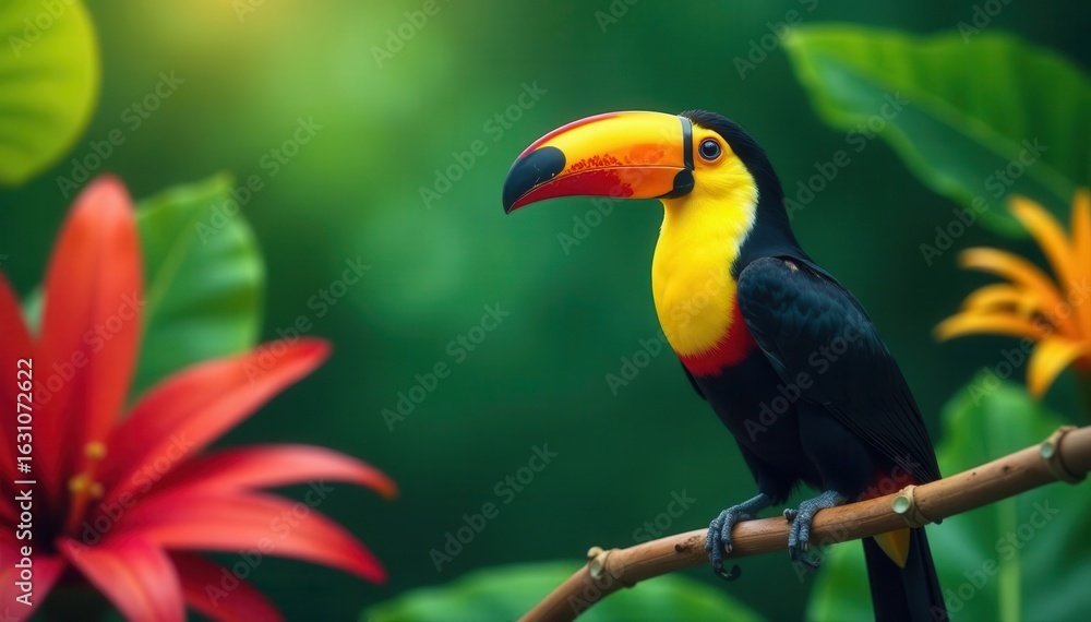 Obraz premium Vibrant toucan on lush tropical foliage, summer greeting , summer, exotic, vector