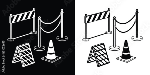Set of crowd control and safety barriers, including stanchions with ropes, traffic cones, and hazard signs, shown in black and white