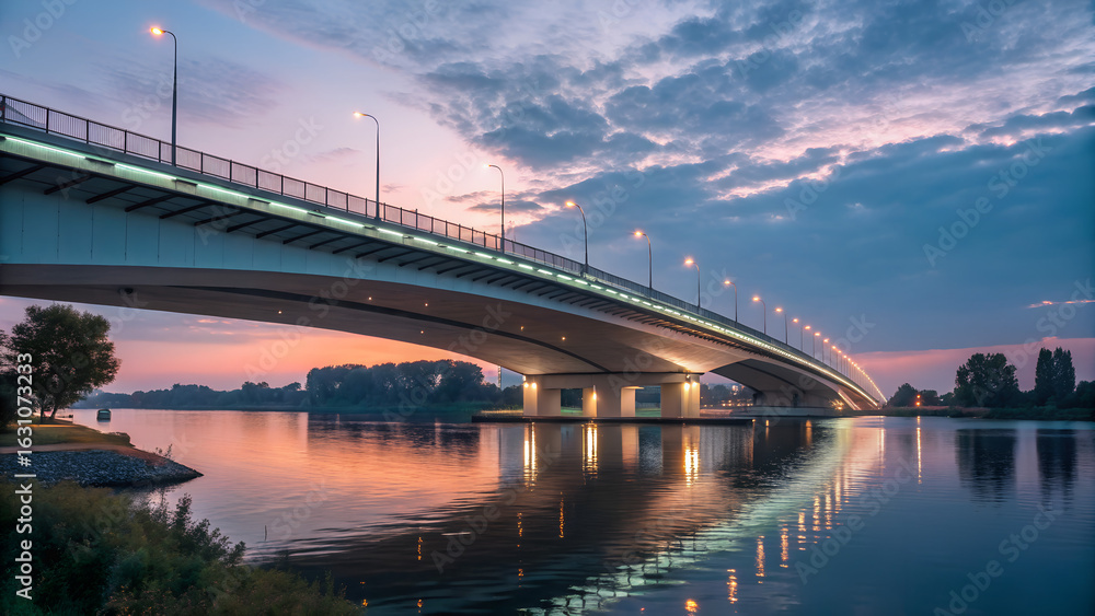 Fototapeta premium Berlin-style modern highway bridge at twilight, reflection glow 