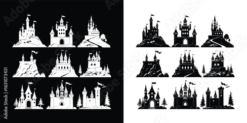 Collection of fantasy fairytale medieval royal palace fortress silhouettes in black and white, isolated on white background