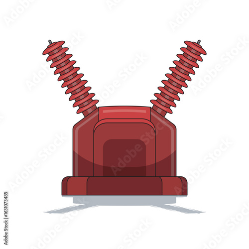 Vector illustration of a high-voltage red transformer with twin ceramic bushings, commonly used in substations, power grids, and electrical distribution systems. Isolated on white.