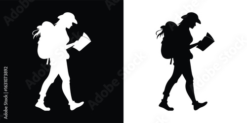 Silhouette of a hiker with a backpack and map, walking with determination on an adventure, symbolizing exploration and journey