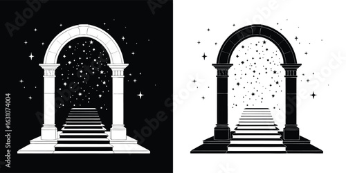 Mystical archway with a staircase leading to stars and light, presented in both black and white contrast