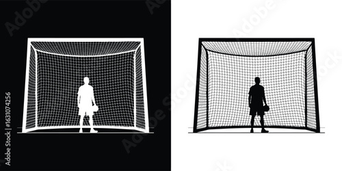 Soccer goalkeeper standing in front of a goal net, ready to defend during a sports match, captured in silhouette