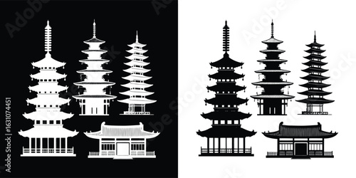 Collection of japanese pagodas and temples in silhouette, presented on both black and white backgrounds for versatile design use