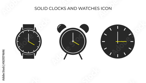 Three clock icons: a wristwatch, an alarm clock, and a wall clock. All are black and white with yellow hands, symbolizing time.