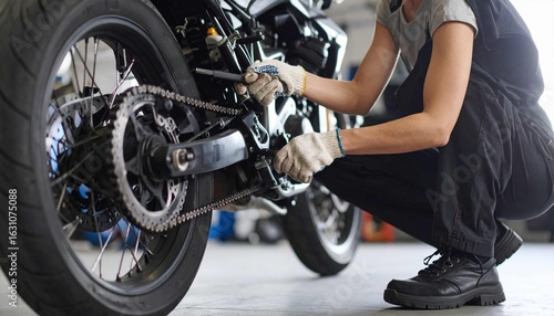 A professional mechanic is inspecting or repairing the rear end of a motorcycle, focusing on the chain and wheels. This image shows the vehicle maintenance process in detail, h,mechanic changing wheel