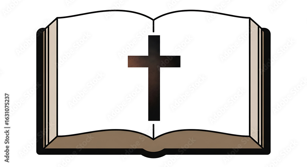 Open book with a black cross centered above it against a white background in a simple illustration ai generated Open book with a black cross centered above it against a white background in a simple illustration ai generated