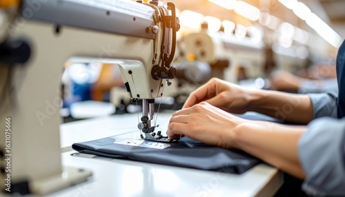 The skilled hands of a seamstress focus on sewing white fabric on an industrial sewing machine, showing details of the garment production process in a brightly lit modern te,close up of sewing machine