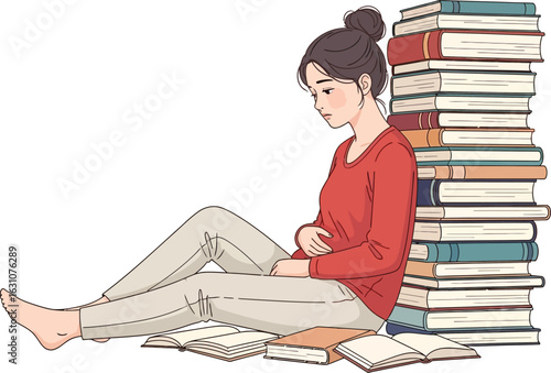 Illustration of stressed student with books studying exam prep