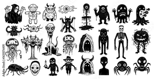 A large set of hand-drawn vector illustrations of creepy monsters and Halloween creatures—grim reaper, voodoo doll, cyclops, skeleton, and more. Ideal for t-shirts, stickers, and party decor.
