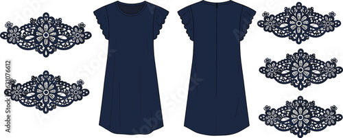 Elegant navy dress with ruffle sleeves, front and back view, floral lace applique, flat fashion sketch, cad drawing flat vector illustration, apparel design element