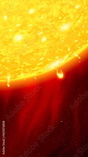 Dramatic vertical background of the sun's surface. Powerful solar flares and prominences erupt from the fiery corona into the deep space. Cosmic weather phenomena. Perfect for mobile, stories, covers