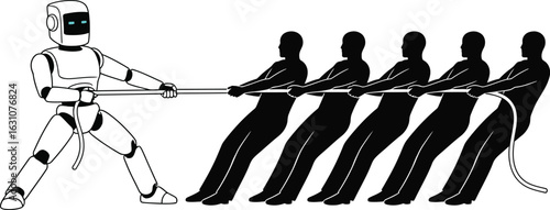 Robot versus humans tug of war ai automation competition concept