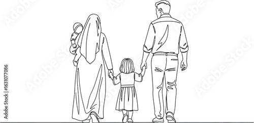 Continuous line drawing muslim family walking together vector