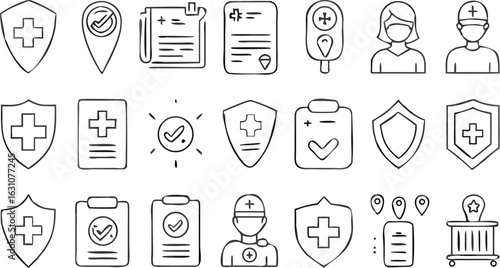 Collection of medical themed icons including shields documents and personnel in doodle style art work silhouette
