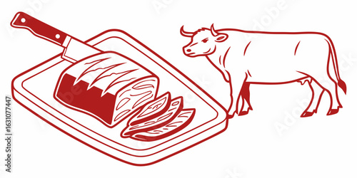 Fresh beef cuts on cutting board with knife and cow illustration for butcher shop and meat market design on transparent background