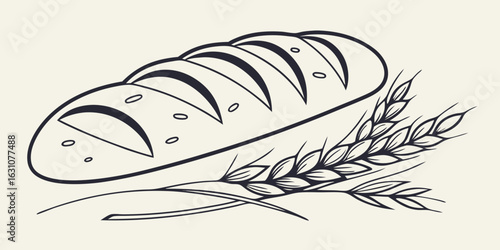 Illustration of fresh baked bread loaf with wheat stalks for bakery and food related designs and projects on transparent background
