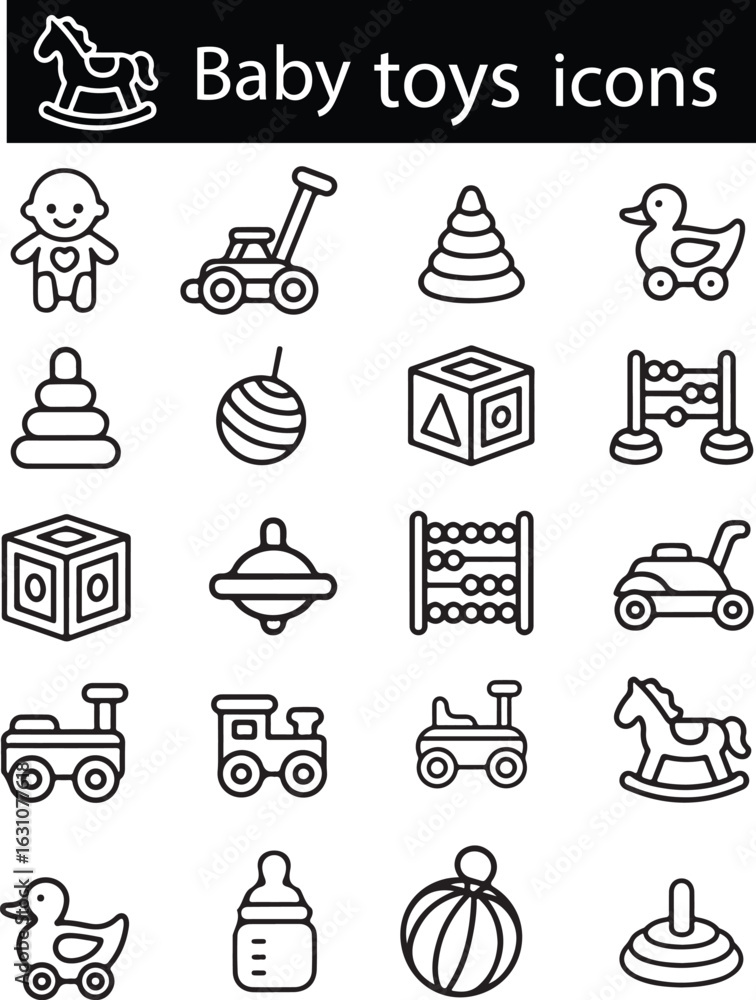 Fototapeta premium Large Set of Child Concept Icons – Baby Accessories, Toys, and Happy Faces in Black and White Vector Style.