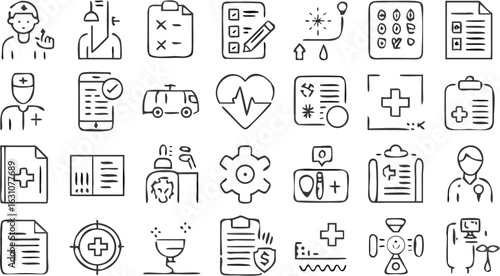Illustration of medical icons including doctor, clipboard, medicine, heart, ambulance, and more elements silhouette