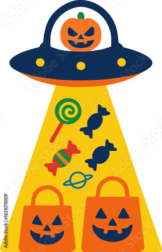 Alien Pumpkin in UFO Abducting Candy, UFO beam sucking candy from trick-or-treat bags