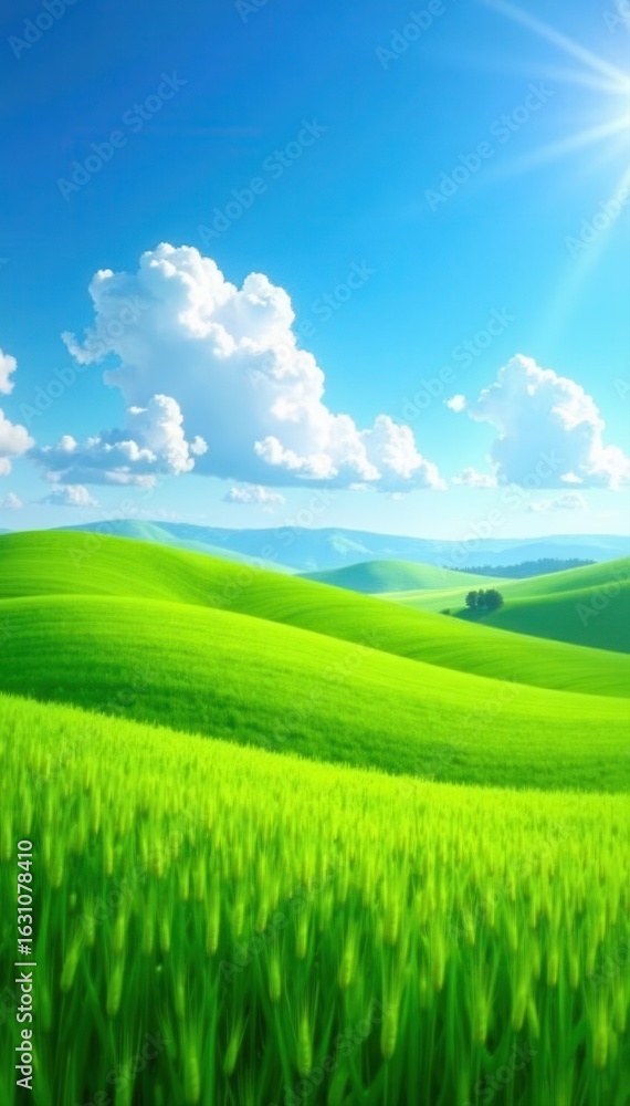 Obraz premium Rolling hills of vibrant green wheat bathed in spring sunshine, azure sky above , season, golden, beautiful