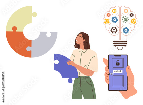 Woman with puzzle piece near a segmented chart, smartphone with lock screen, and lightbulb with gear-filled mechanism. Ideal for innovation, problem solving, teamwork, creativity, technology