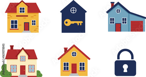 Flat house security vector illustration, key and lock icons, red door homes, real estate safety graphic, property access, modern cartoon style design