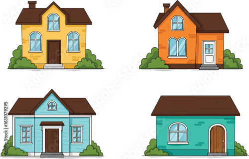 Set of colorful cartoon houses, vector home front views, cozy small buildings illustration, suburban cottage designs, charming architecture flat style, residential property art vector