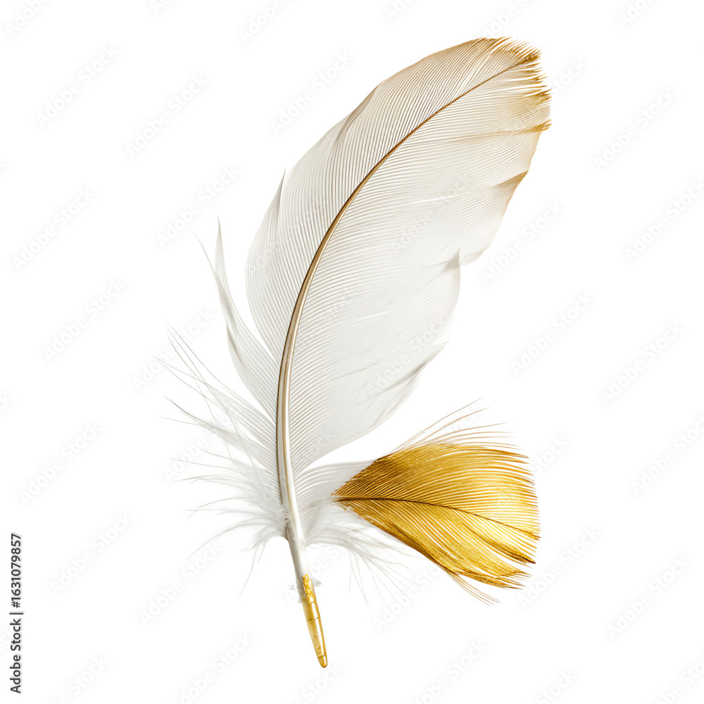 Fototapeta premium Creamy white bird feather with golden tip, isolated on white, ideal for minimalist, nature-inspired, or boho-style designs