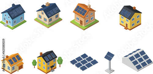 Isometric vector illustration of houses and buildings with solar panels, renewable energy, sustainable architecture, green energy systems, eco-friendly