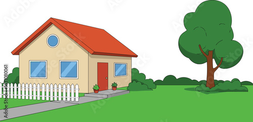 Cartoon house front yard scene, green garden landscape, tree and fence, summer home illustration, flat style drawing for real estate, outdoor living, property