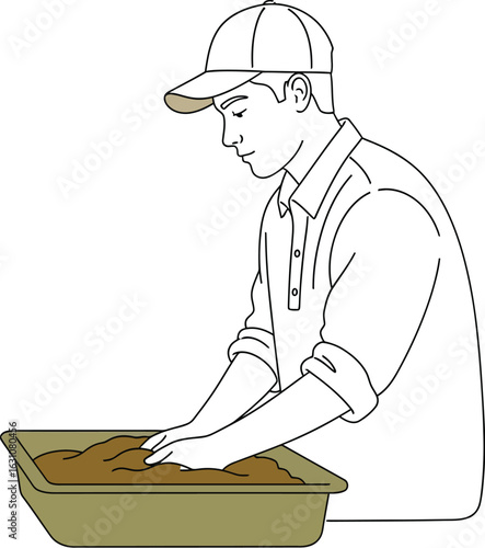 Man kneading dough illustration baking bread making process