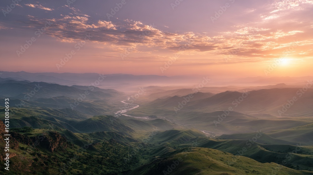 Obraz premium Sunrise over Misty Mountain Ranges: A Breathtaking Panorama