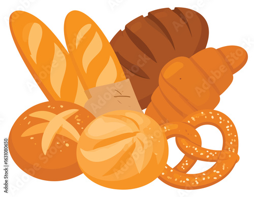 A vibrant illustration showcasing a delicious assortment of golden baked goods, featuring crusty baguettes, soft rolls, a flaky croissant, and a salty pretzel.