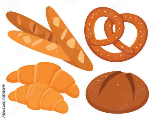 A delightful assortment of freshly baked goods, featuring golden baguettes, flaky croissants, a classic pretzel, and a rustic round loaf.