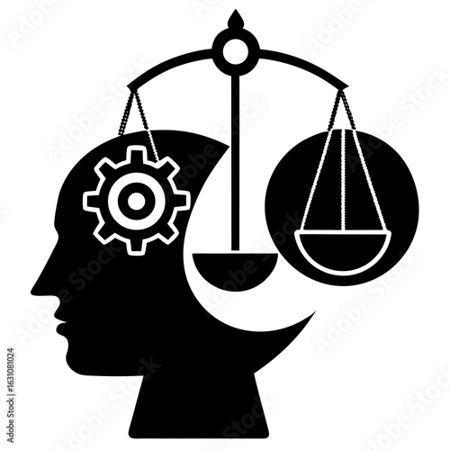 Head with gears and scales balance concept silhouette vector illustration