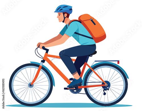 Side view illustration of a young man wearing a blue helmet and an orange backpack, actively riding an orange bicycle.
