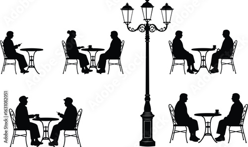 Silhouette people sitting at cafe tables, talking, using phones, drinking coffee, outdoor scene with vintage street lamp, social meeting vector flat illustration