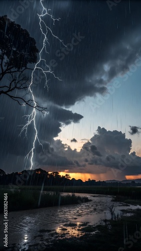 The image showcases a dramatic lightning strike and heavy rain over a marshy landscape at