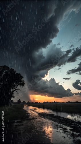 Scenic landscape featuring heavy rain during sunset with a flooded path and silhouetted