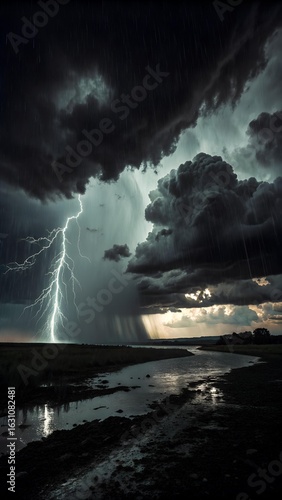 The image shows a dramatic lightning storm over a wetland landscape with dark clouds and heavy