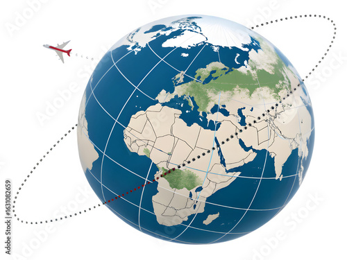Airplane flying around the earth with a dotted line showing travel routes