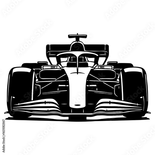 Front view of a sleek f1 car vector illustration in black and white on a clean background