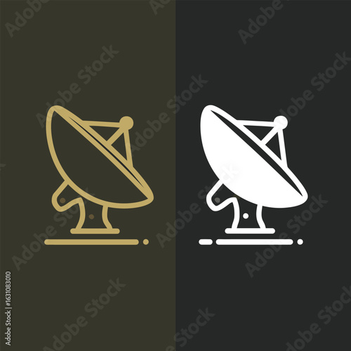 Modern minimalist satellite dish icon set in line art style. Logo concept for technology, communication, and broadcasting. Vector illustration of a radar antenna for data transmission.