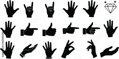 Hand gesture silhouette collection, black hand icons vector, pointing thumbs up ok signs, human palm poses for communication design and UI elements