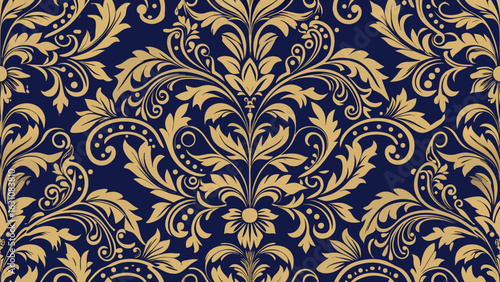 Golden floral damask pattern on navy blue background vector