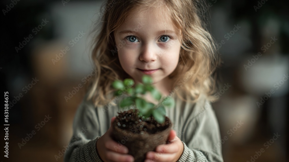 Fototapeta premium Little Girl Holding a Plant, a Symbol of Growth and Nature
